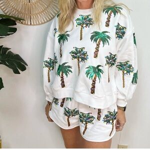 QUEEN OF SPARKLES White Sweatshirt with Green Palm Trees